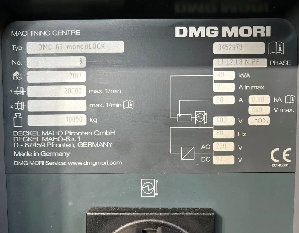 Used DMG Mori DMC 65 monoBLOCK 5 Axis CNC Vertical Machining Center