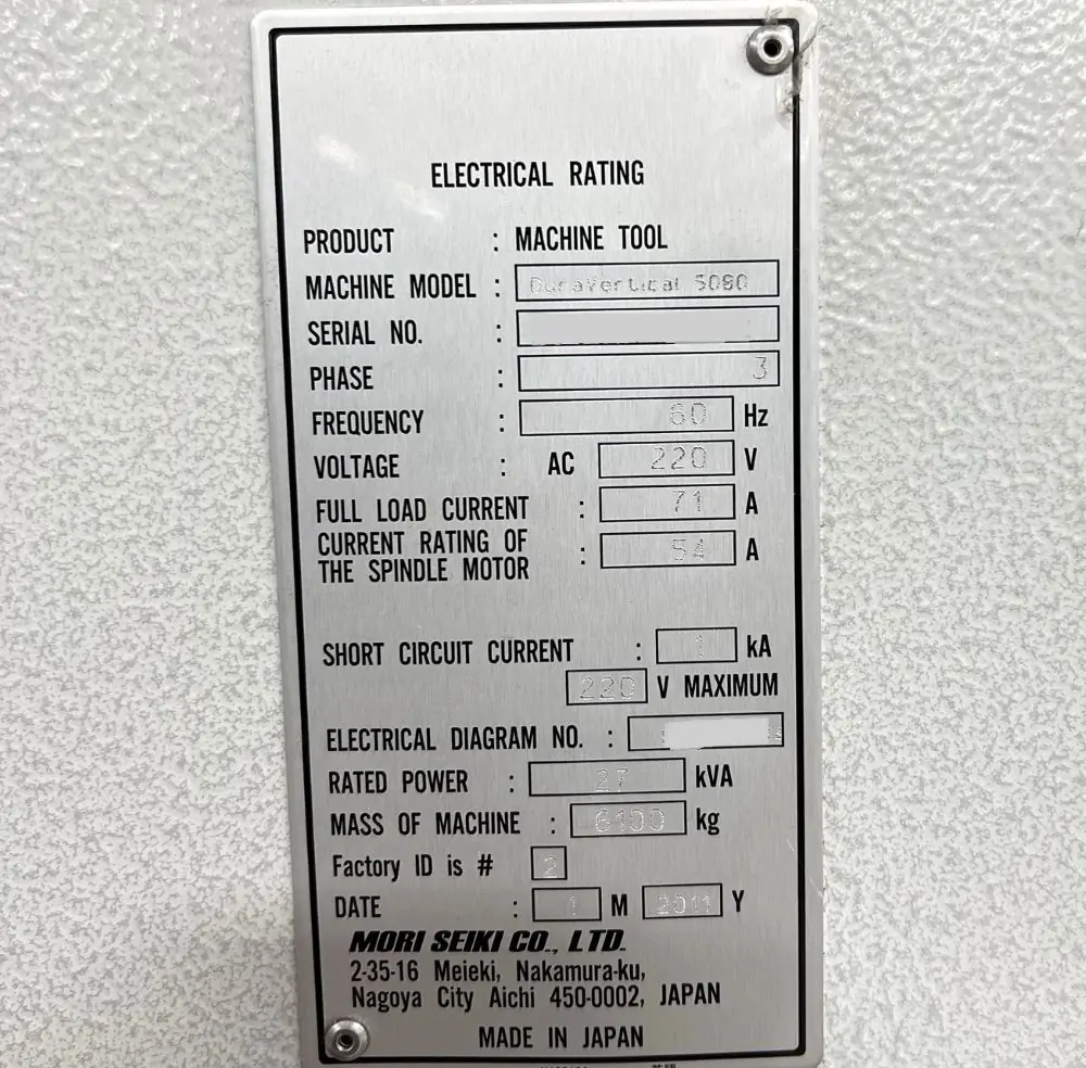 Used Mori Seiki DuraVertical 5080 4th Axis CNC Vertical Machining