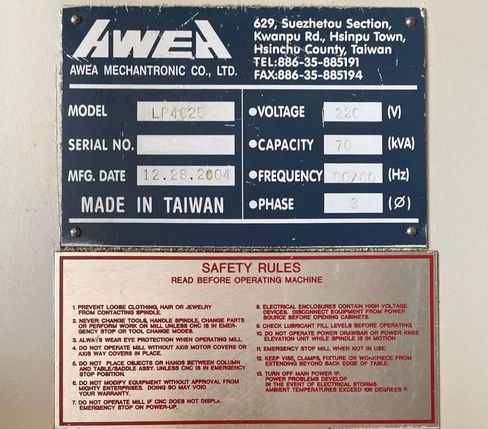 Used AWEA LP4025 CNC Bridge Mill (2004) – Heavy-Duty Milling Machine