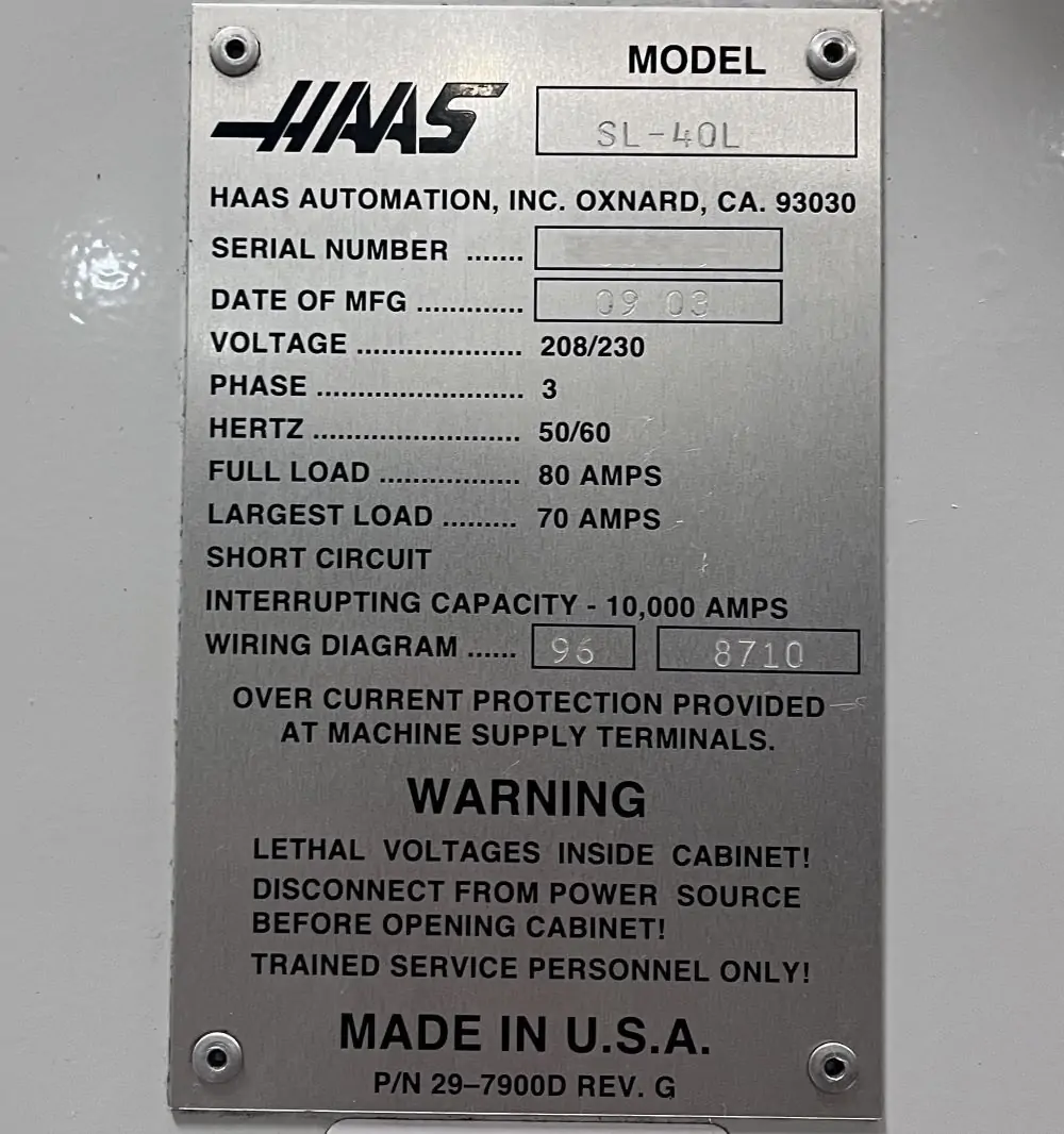 Used Haas SL-40L CNC Turning Center Long Bed Lathe (2003