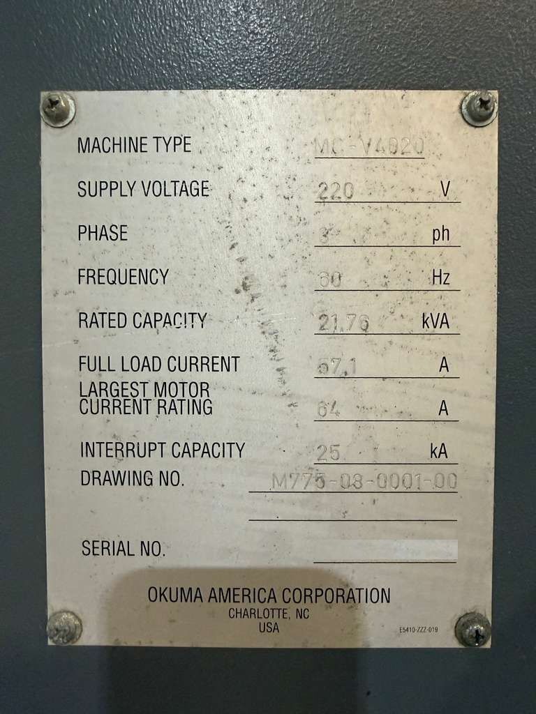 Used Okuma MC-V4020 CNC Vertical Machining Center - 4th Axis Mill