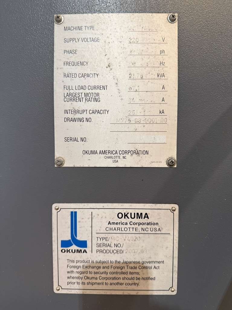 OKUMA MC-V4020 CNC VERTICAL MACHINING CENTER - 4TH AXIS MILL 16