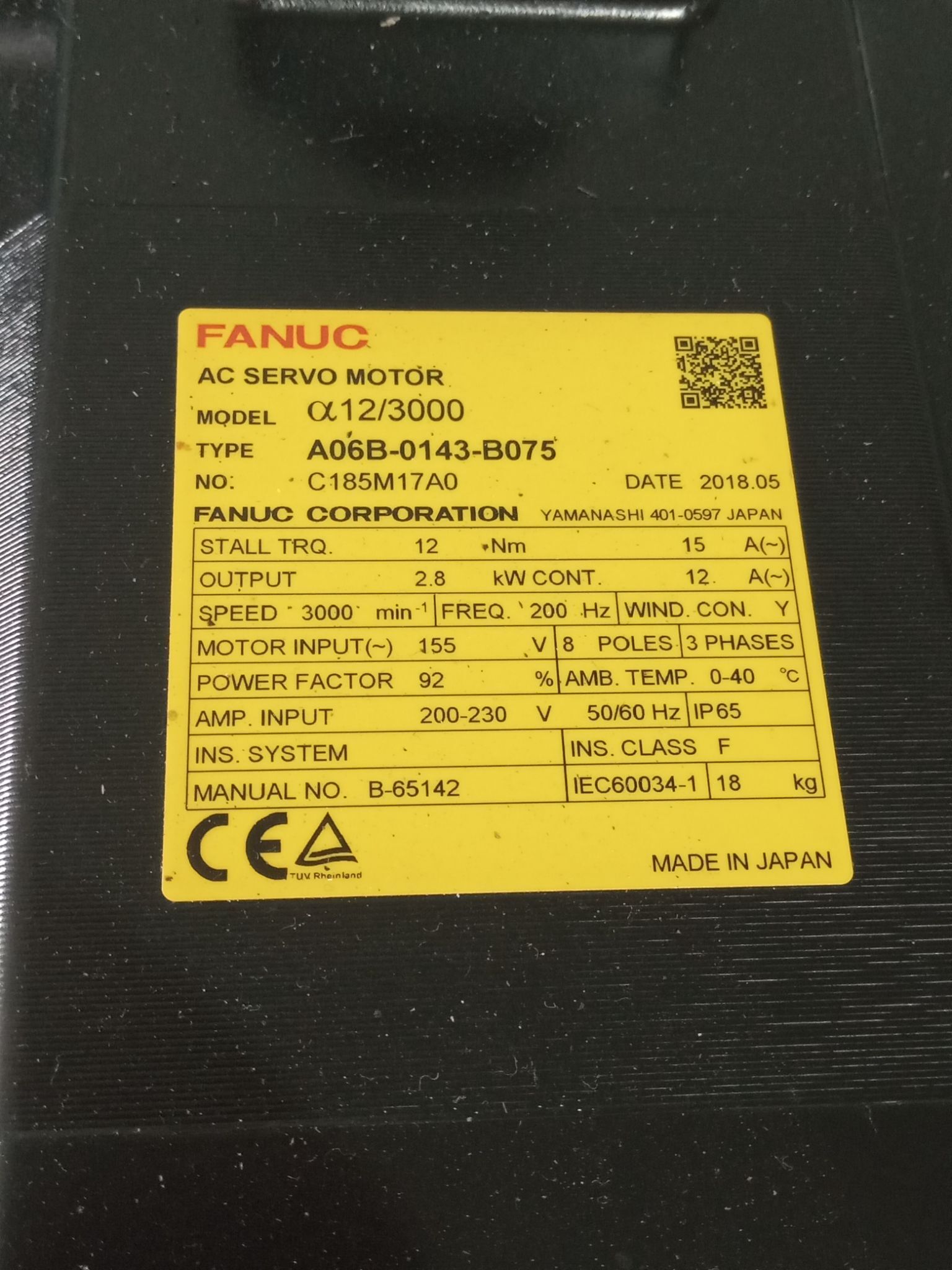 FANUC A06B-0143-B075 AC SERVO MOTOR a 12/3000 2018 model year 1