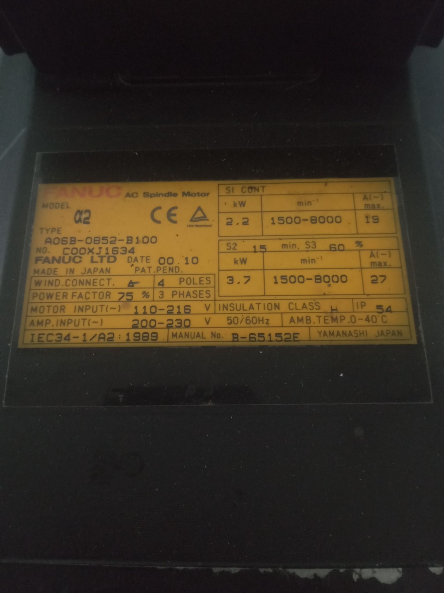 FANUC A06B-0852-B100 AC SPINDLE MOTOR 1