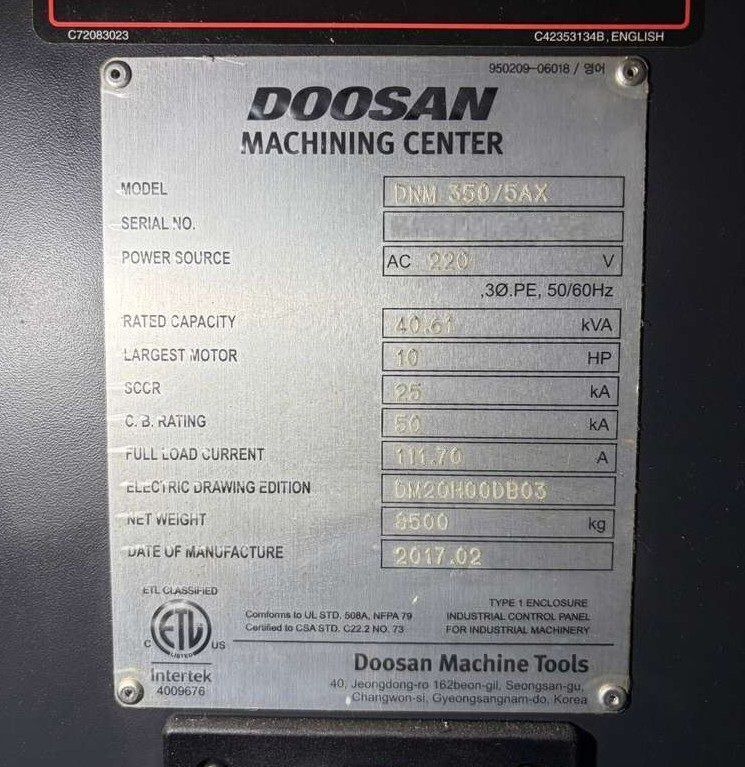 Doosan DNM 350/5AX 5-Axis CNC Vertical Machining Center - 2017 Mill 23