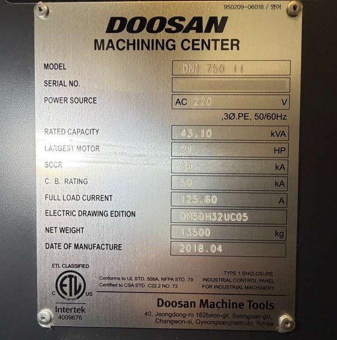 Doosan DNM 750II CNC Vertical Machining Center - 2018 TSC, 12,000 RPM Mill 17