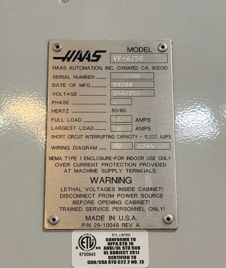 Haas VF-6/50 CNC Vertical Machining Center - 4th Axis Ready, 50 Taper Mill 19