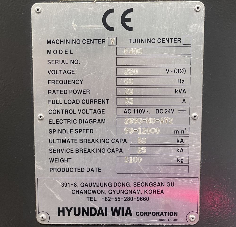 Hyundai Wia F400 CNC Vertical Machining Center - Mill 17