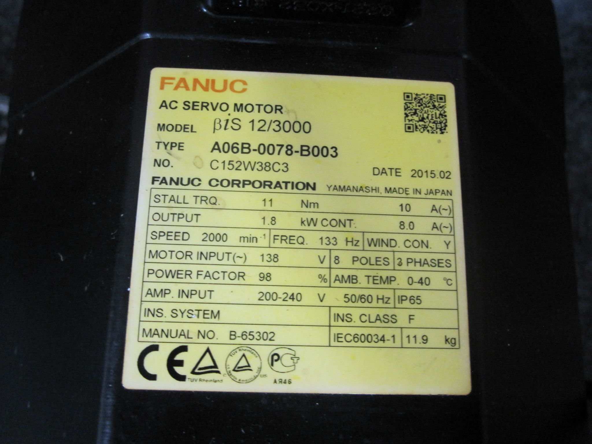 FANUC AC SERVO MOTOR BIS 12/3000 A06B-0078-B003 W/ ENCODER PULSE CODER A860-2020-T301 7