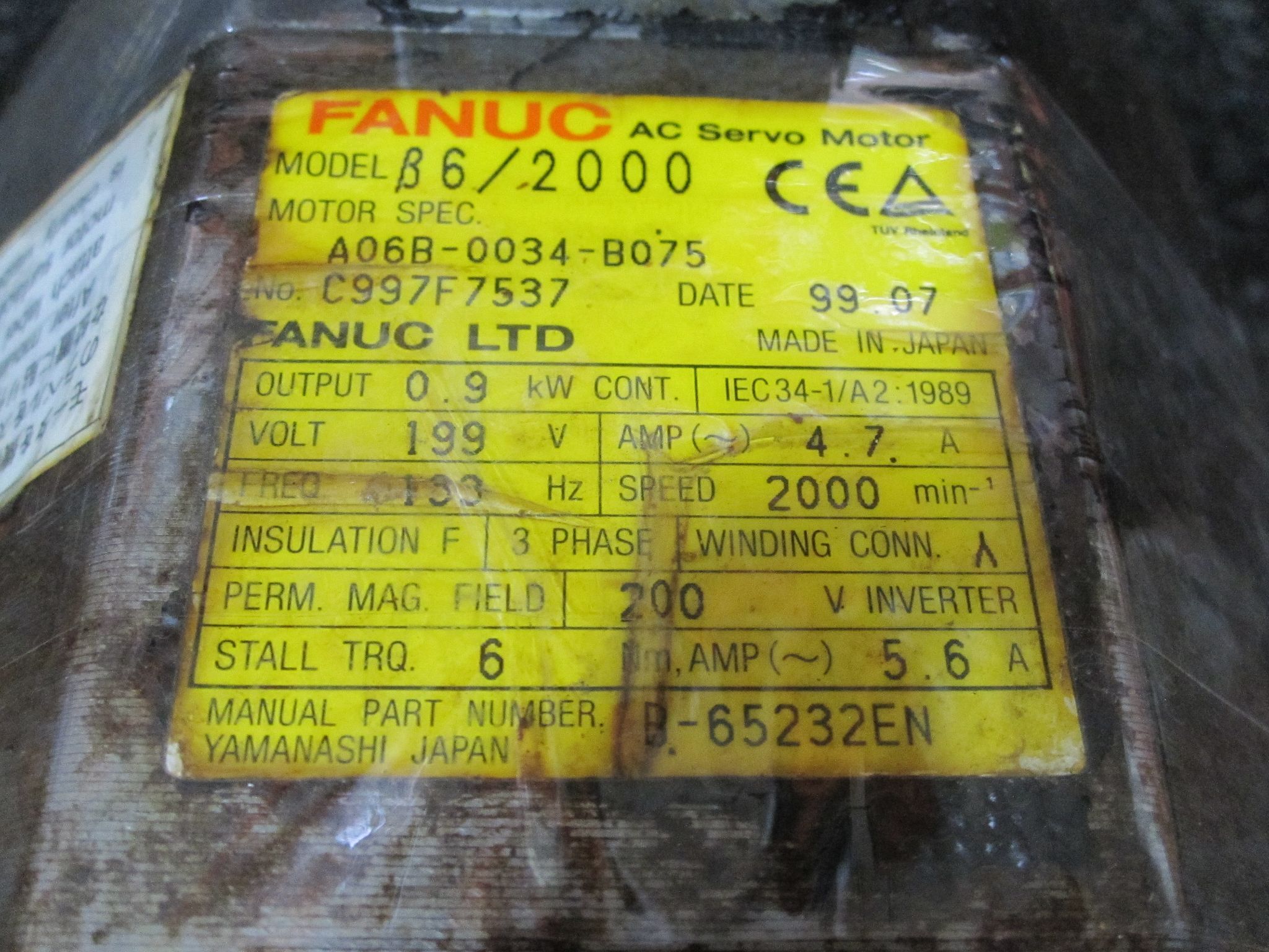 FANUC AC SERVO MOTOR B6/2000 6/2000 A06B-0034-B075 6