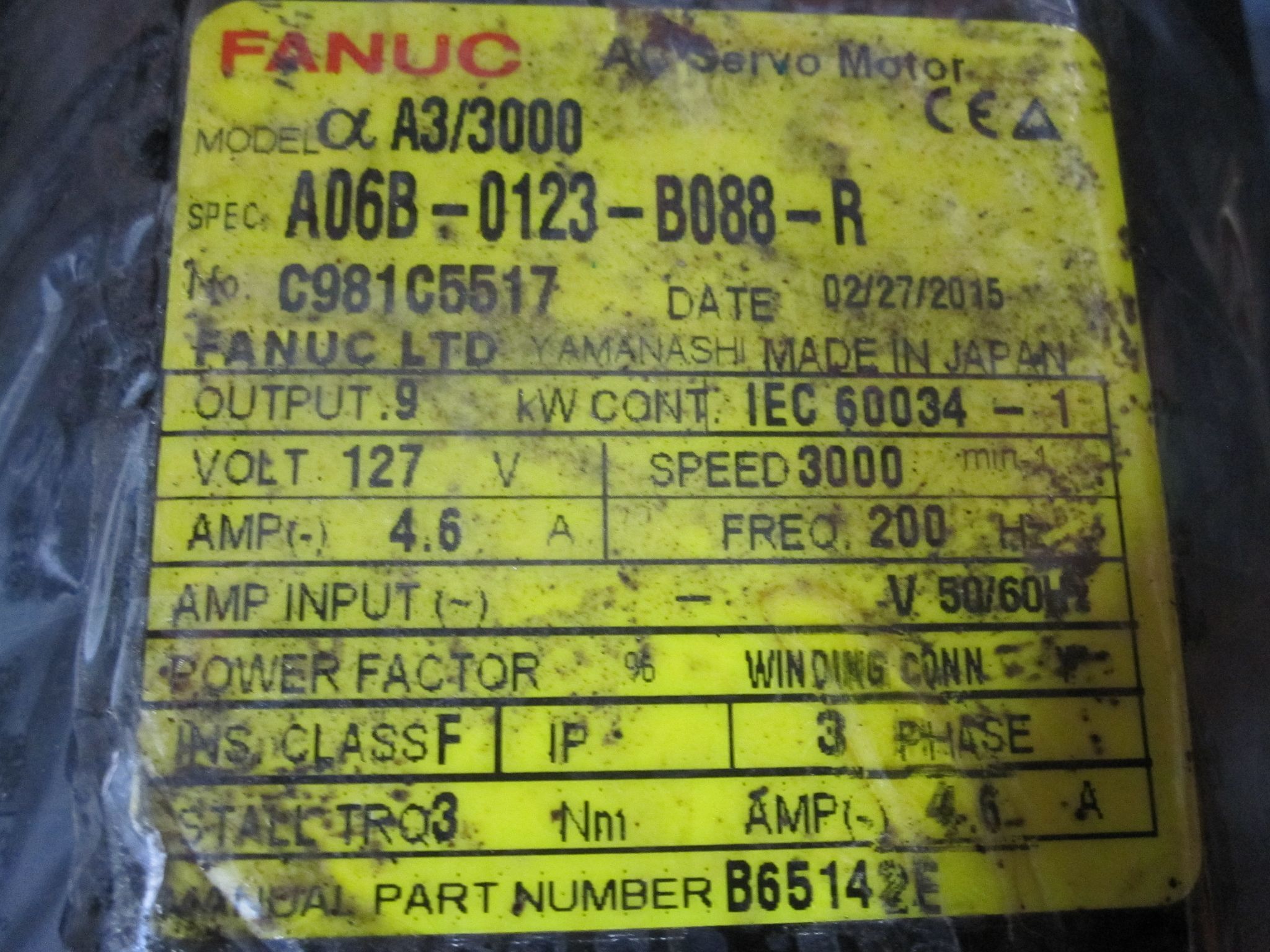 FANUC AC SERVO MOTOR A06B-0123-B088-R A3/3000 3/3000 α α3 α3/3000 6