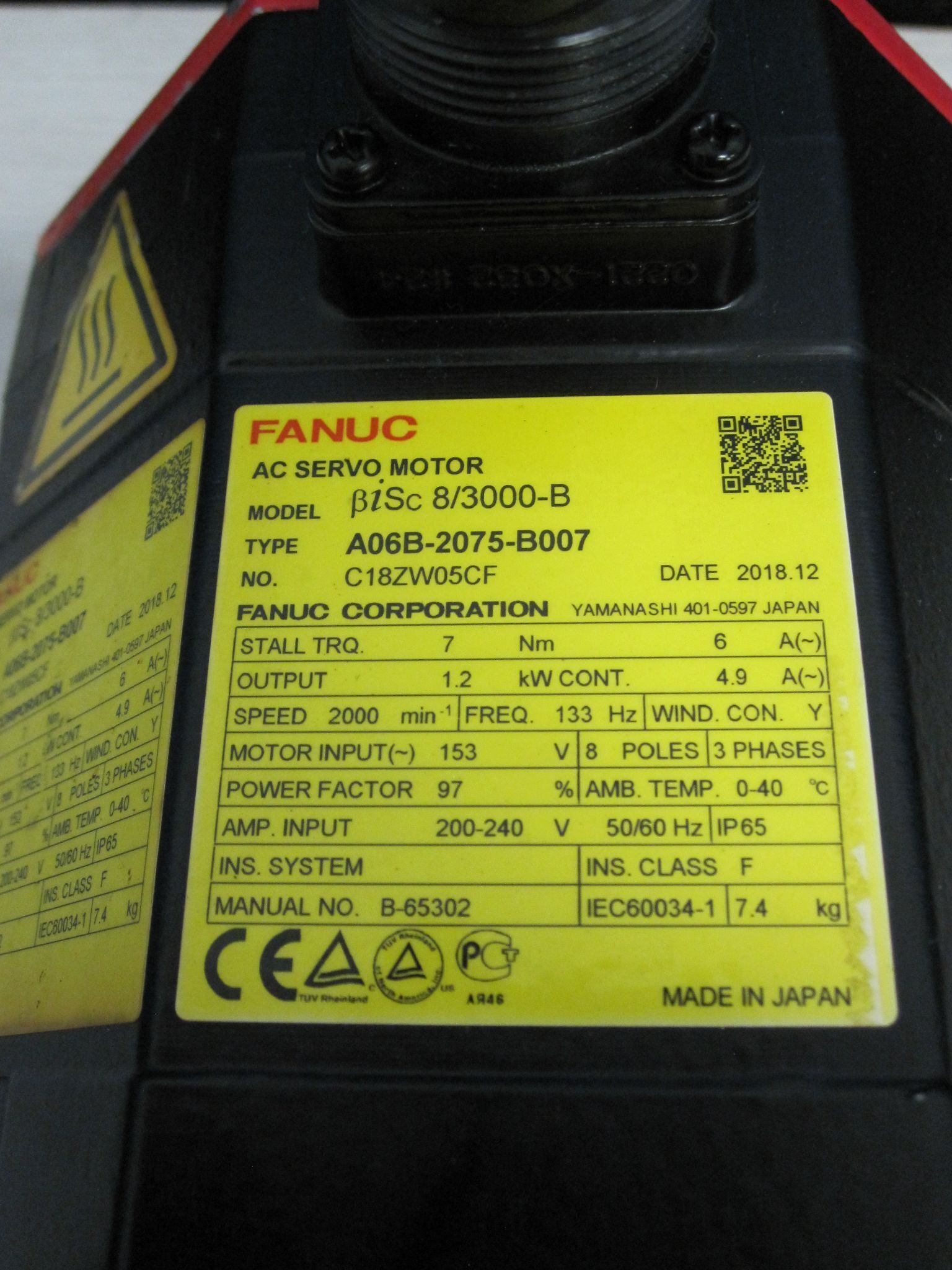 FANUC A06B-2075-B007 BISC 8/3000-B AC SERVO MOTOR W/ ENCODER 8