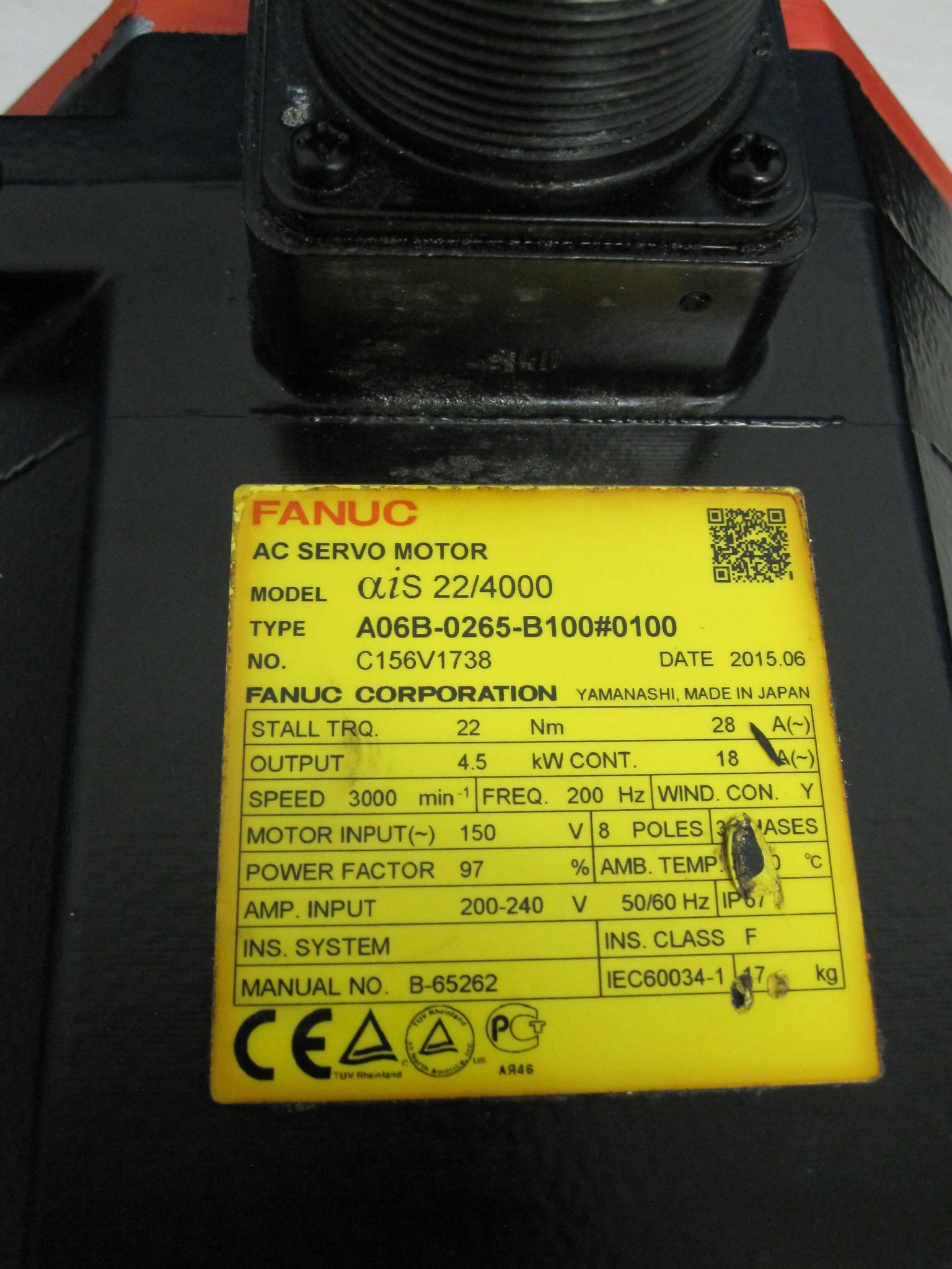 FANUC A06B-0265-B100#0100 AC SERVO MOTOR AIS 22/4000 αIS 9