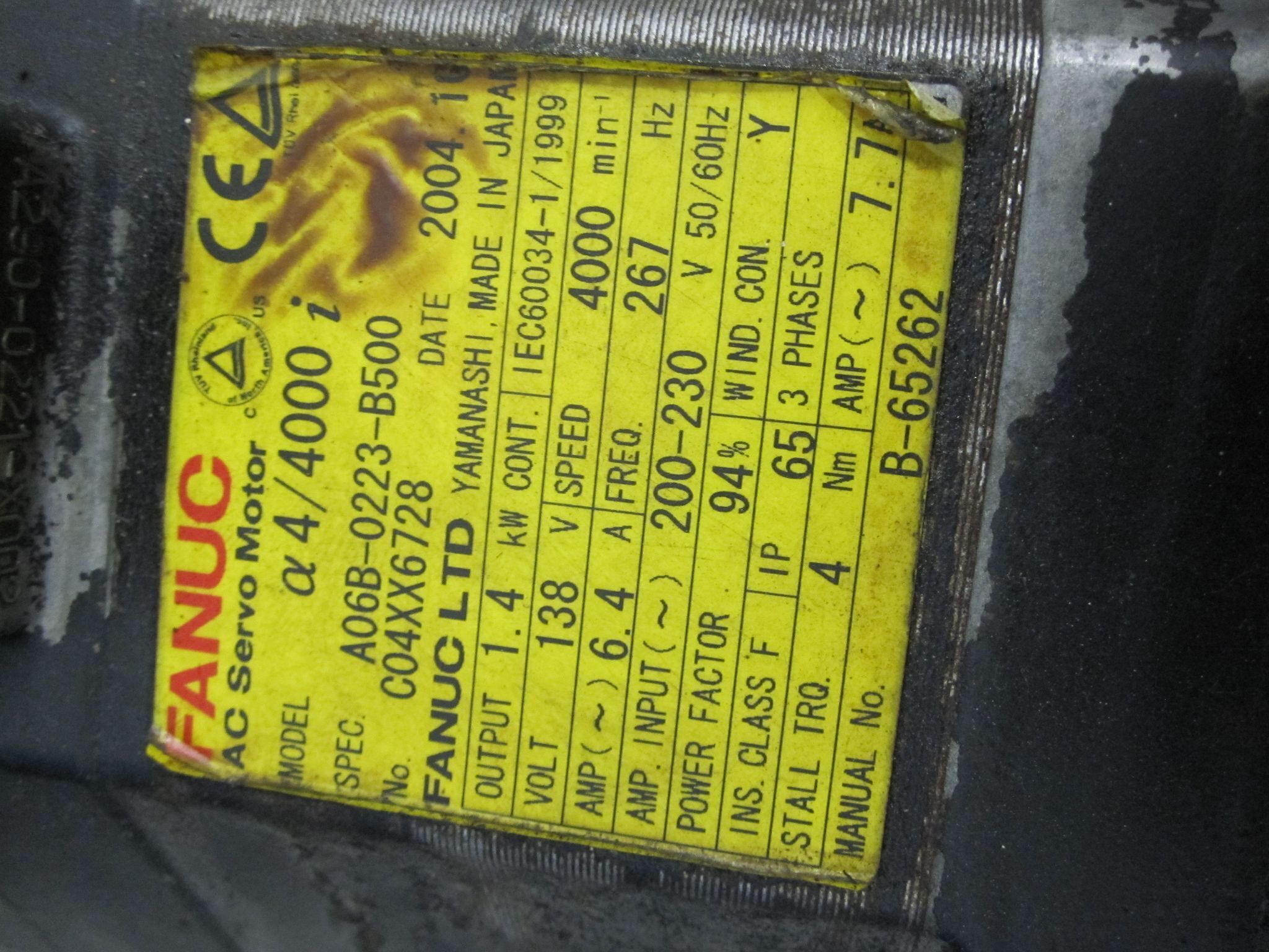 FANUC A06B-0223-B500 AC SERVO MOTOR A 4/4000 α I 5