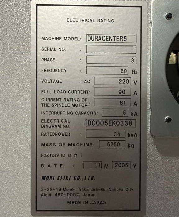 Used Mori Seiki DuraCenter 5 5-Axis CNC Vertical Machining Center