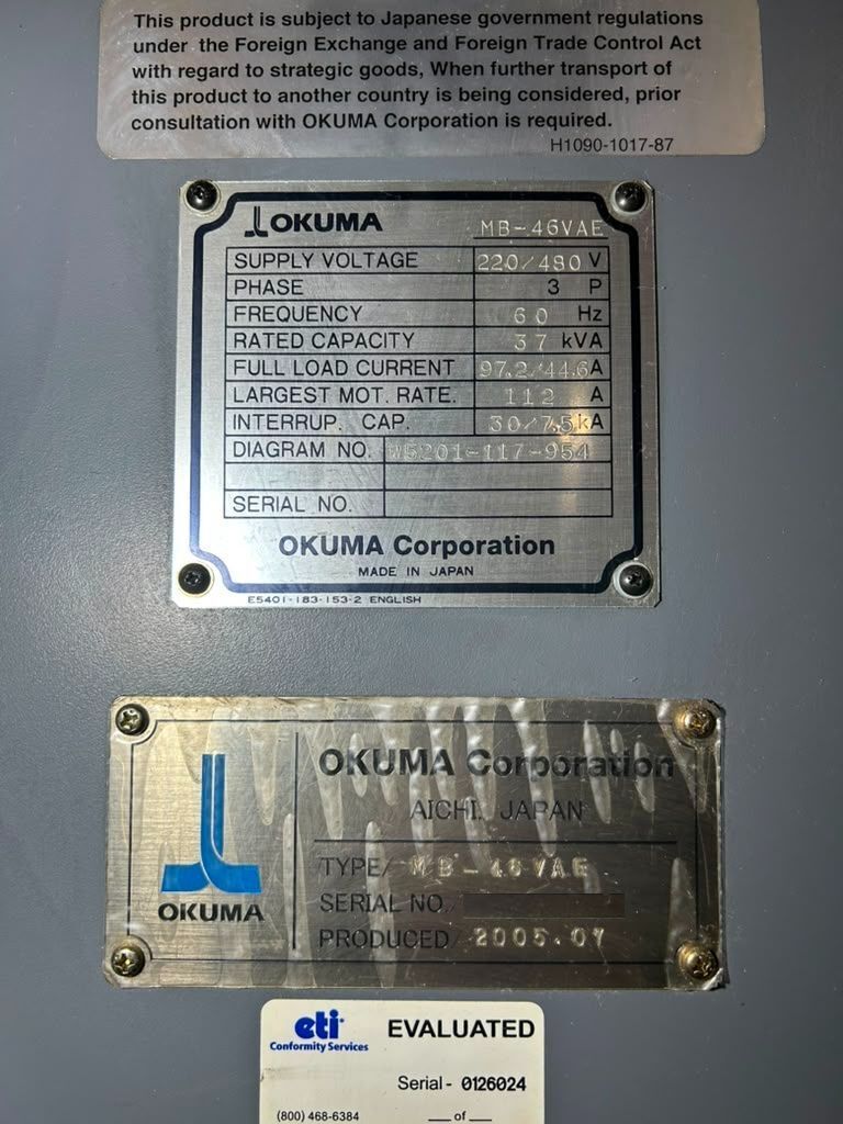 Okuma MB-46VAE CNC Vertical Machining Center - 15,000 RPM Mill 15