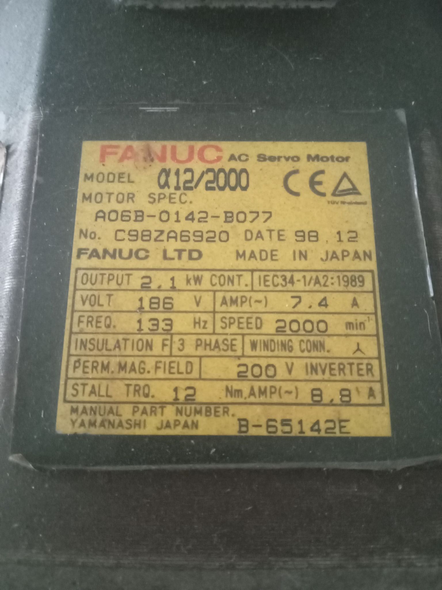 FANUC A06B-0142-B077 α12/2000 AC SERVO MOTOR B-65142E 1