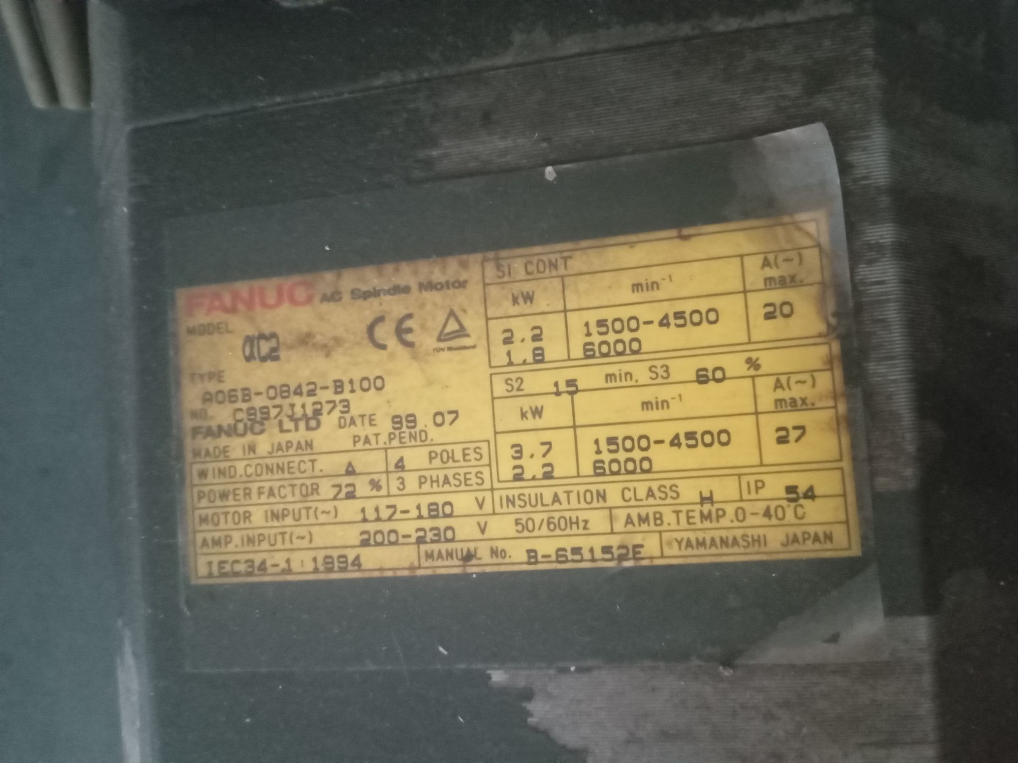 FANUC AC SPINDLE MOTOR αC2 A06B-0842-B100 B-65152E 1