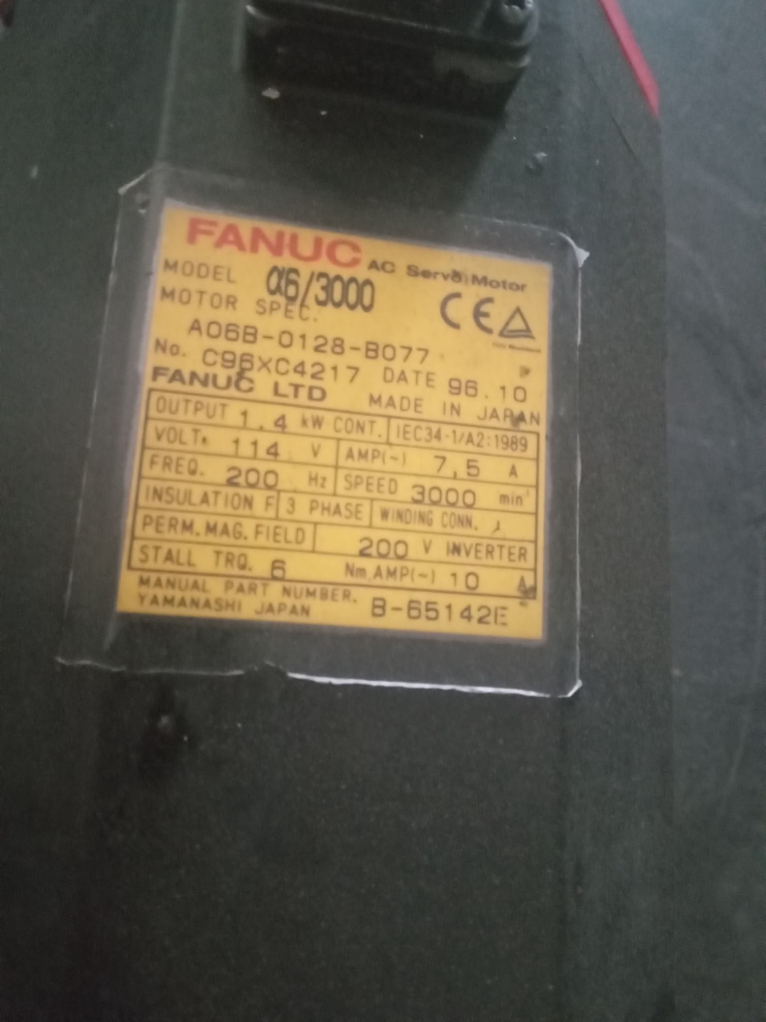 FANUC A06B-0128-B077 MANUAL PART NUMBER B-65142E α6/3000 AC SERVO MOTOR A6/3000 2