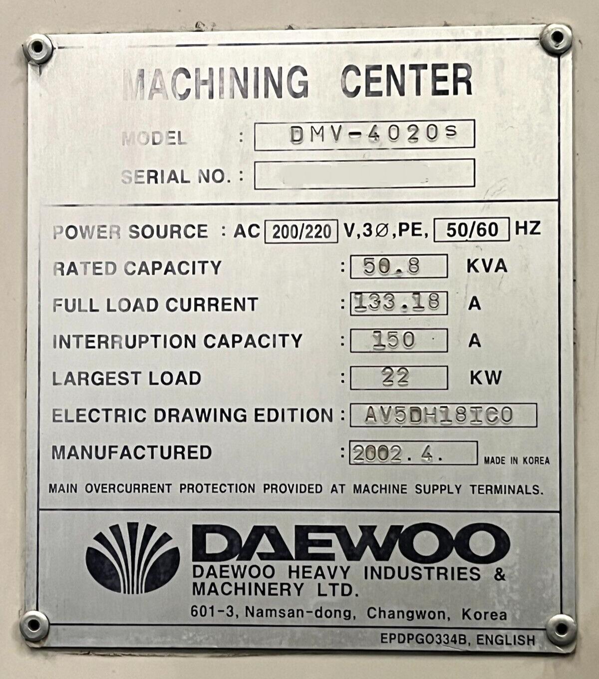 Daewoo Doosan DMV-4020S CNC Vertical Machining Center - 4th Axis Mill 15