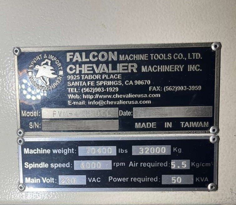 Chevalier FVM-4016DCL CNC Bridge Mill - 50 Taper Mill 20