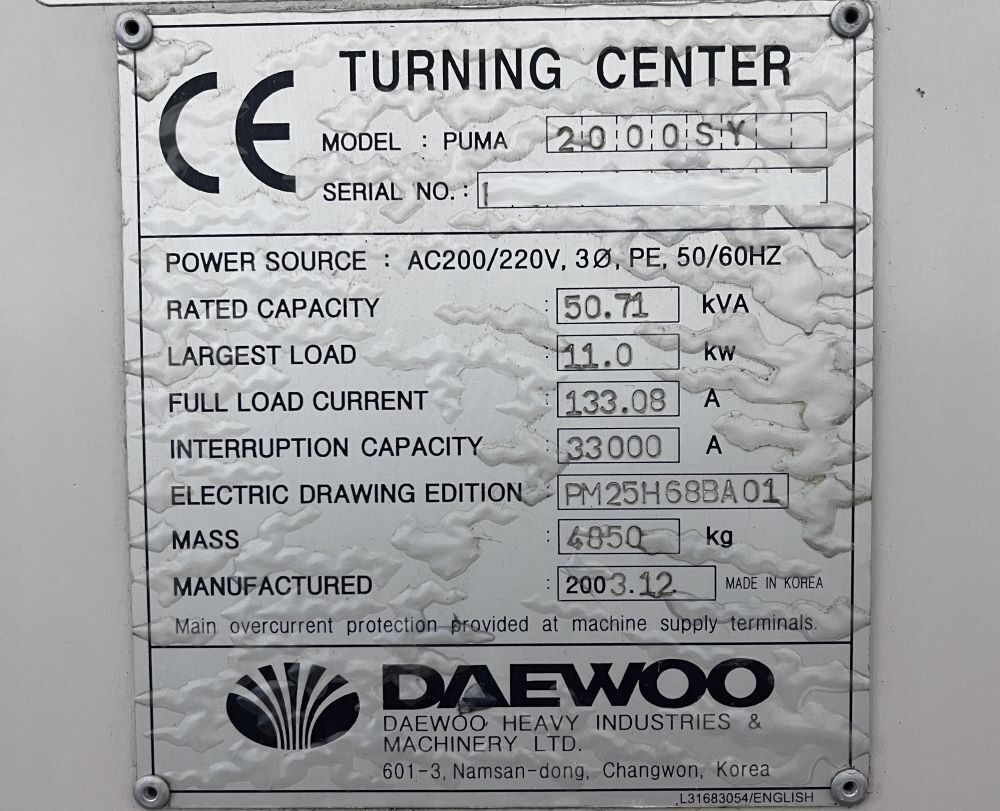 Daewoo Puma 2000SY CNC Turn Mill Center 19