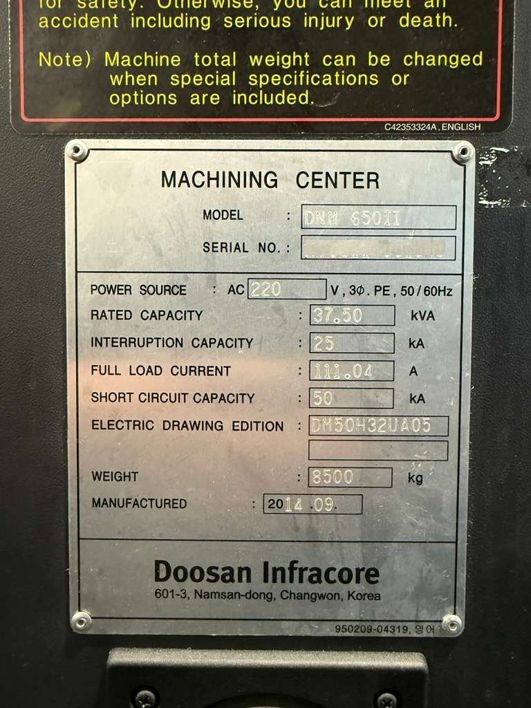 Doosan DNM-650II CNC Vertical Machining Center - 12,000 RPM, TSC Mill 15