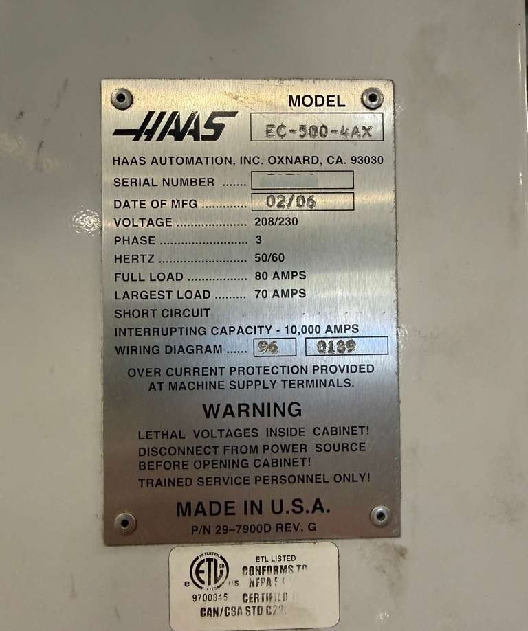 Haas EC-500-4AX CNC Horizontal Machining Center - TSC, 70 ATC, 12,000 RPM Mill 7