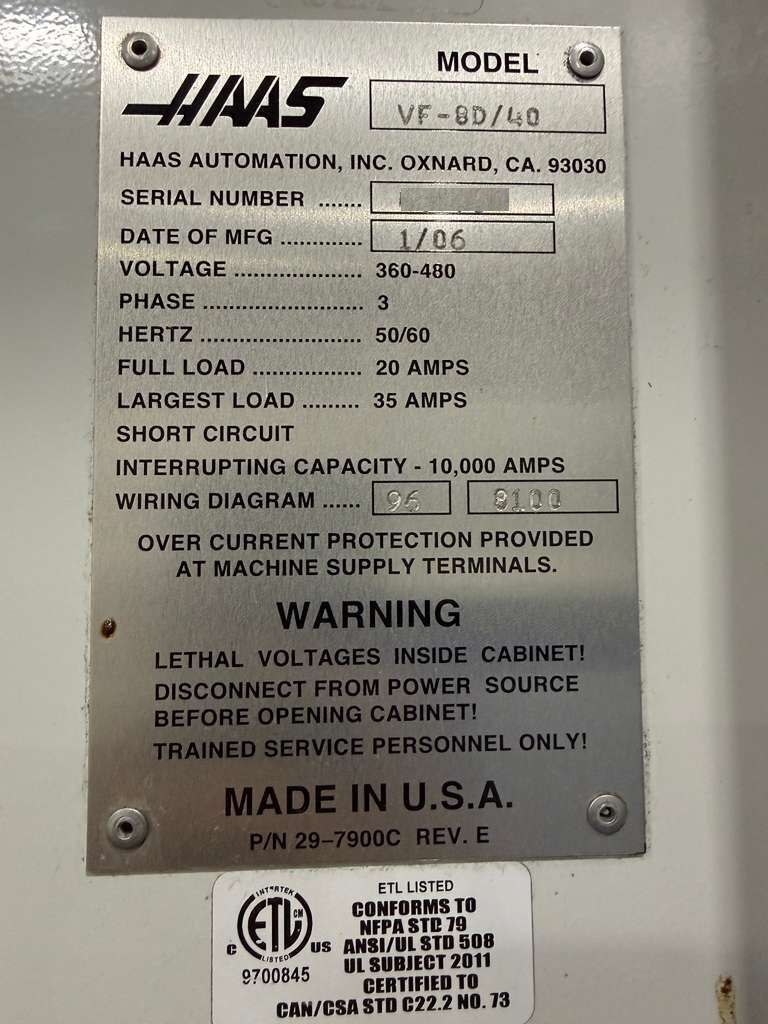 Haas VF-8D/40 CNC Vertical Machining Center -15,000 RPM 4th Axis Ready Mill 18