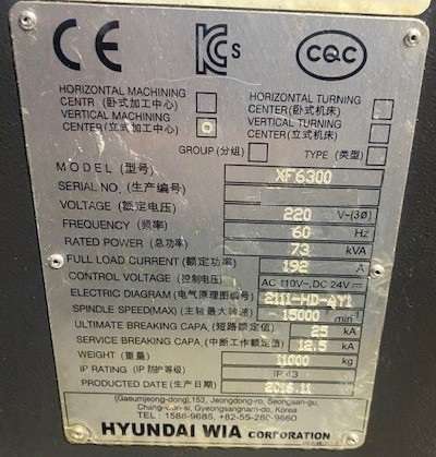 Hyundai Wia XF6300 5 Axis CNC Vertical Machining Center - Mill 21