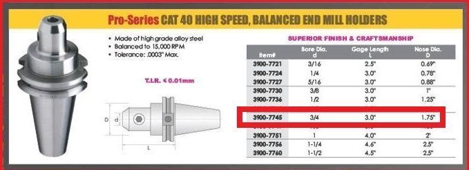 HHIP 3900-7745 PRO-SERIES 3/4 CAT 40 V-FLANGE END MILL HOLDER 3" GAGE DEPTH 3