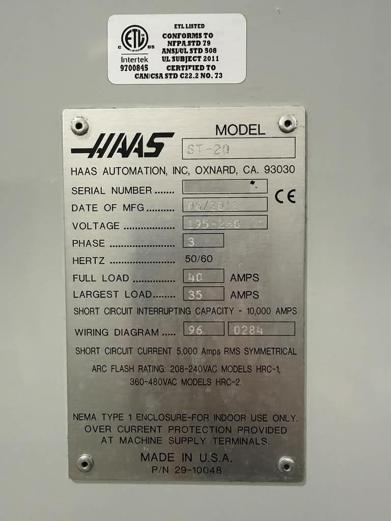 Haas ST-20 CNC Turning Center - 8" Chuck, Tailstock Lathe 12